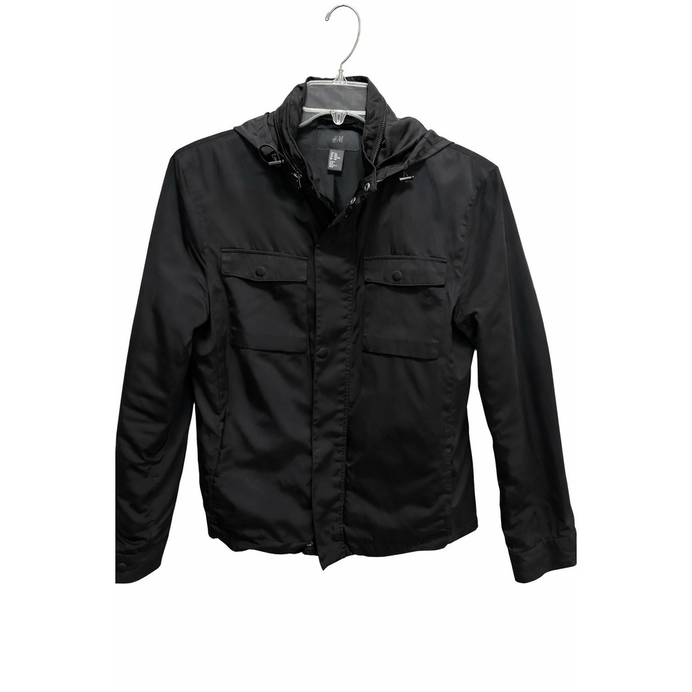 H&M Men's Black Hooded Jacket Coat Size 34R Lightweight Zip Snap‎